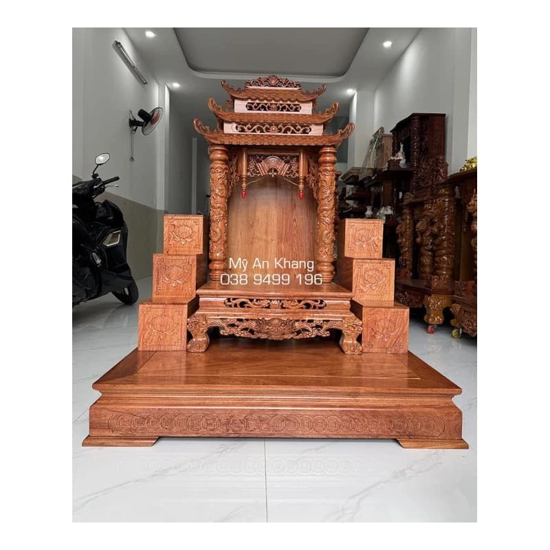Bàn thờ ông Địa gỗ hương đỏ 3 mái 70cm