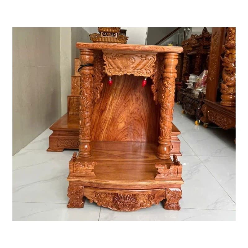 Bàn thờ ông Địa gỗ sồi đôi cột rồng 50cm