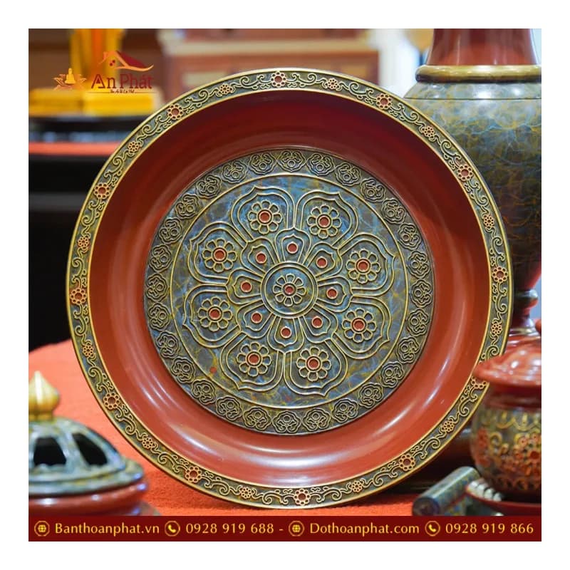 Mâm bồng đồng 30cm chạm hoa sen